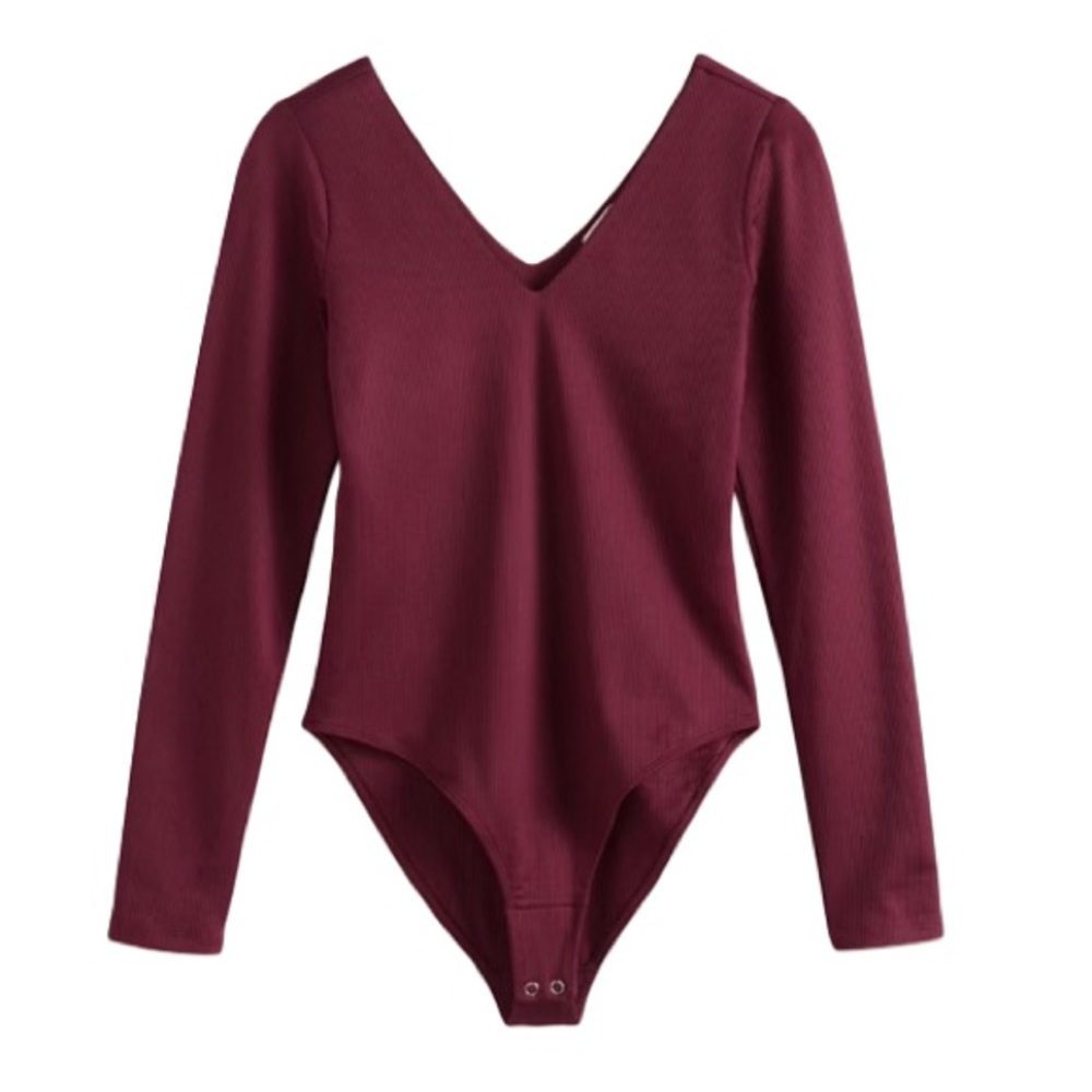 Nine Britton Burgundy V-Neck Ribbed Bodysuit